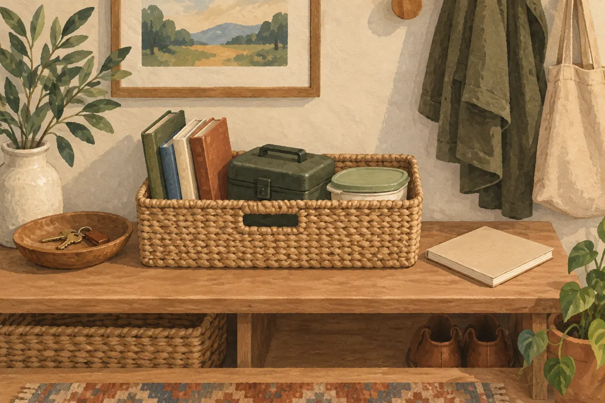 Illustration of borrowed books, a tool case and a food container gathered in an entryway return basket.