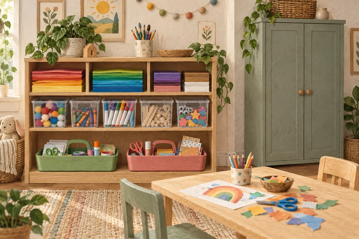 Illustration of organized shared craft supplies with paper holders, supply bins, and portable project trays.