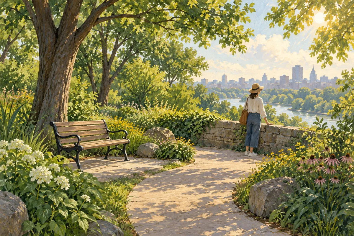 Illustration of a walker pausing beside trees on a short park path.