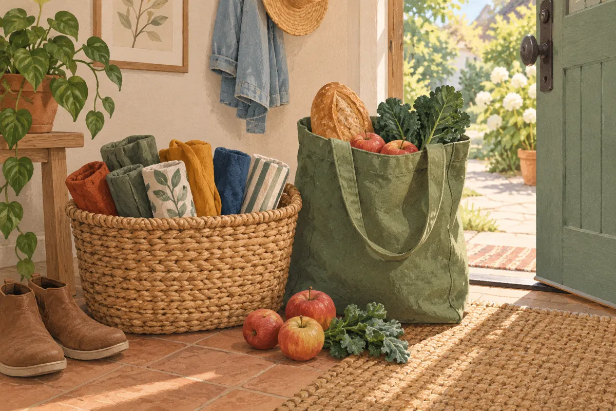 Illustration of reusable shopping bags stored in a basket near a doorway.