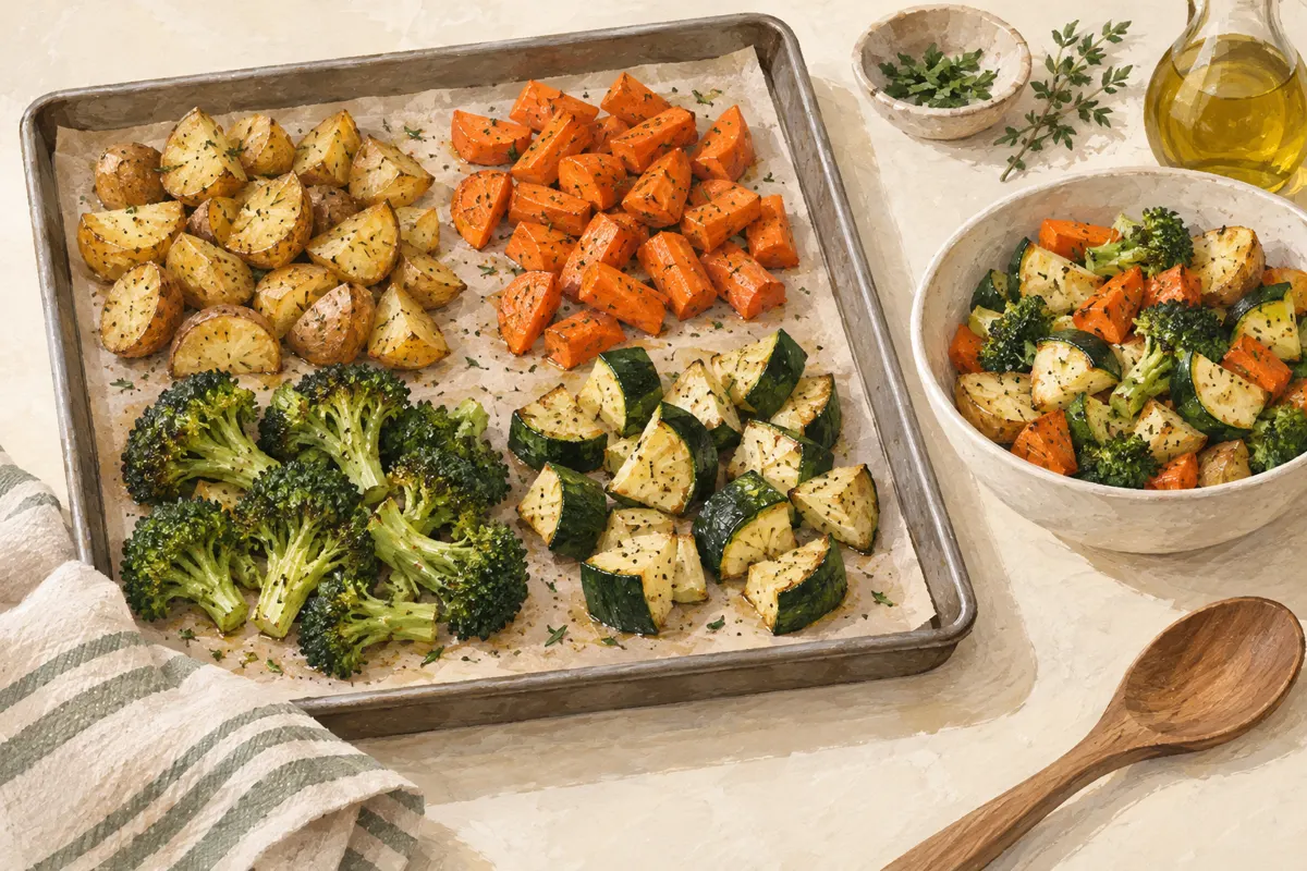 Illustration of mixed vegetables cut into different sizes and grouped on a roasting tray.