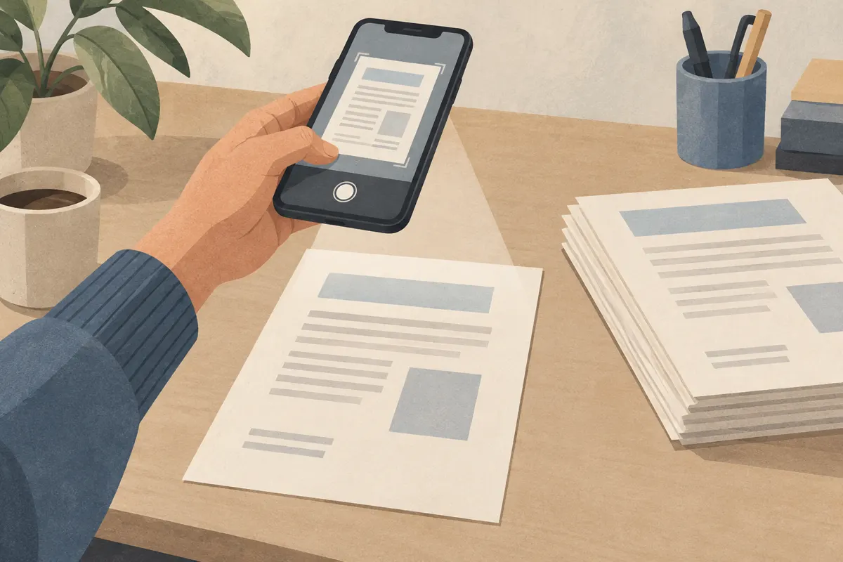 Illustration of a phone scanning a paper document beside a stack of pages.