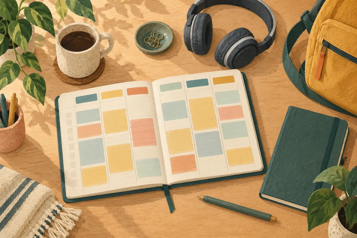 Illustration of a weekly planner and portable study supplies on a desk.